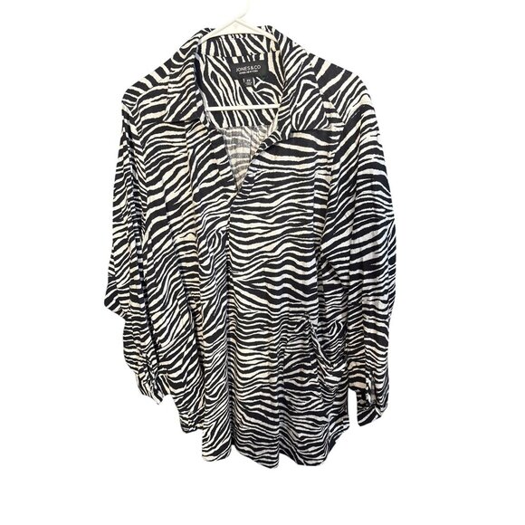 Jones & Co 2X Linen Zebra Print Blouse - Picture 1 of 5